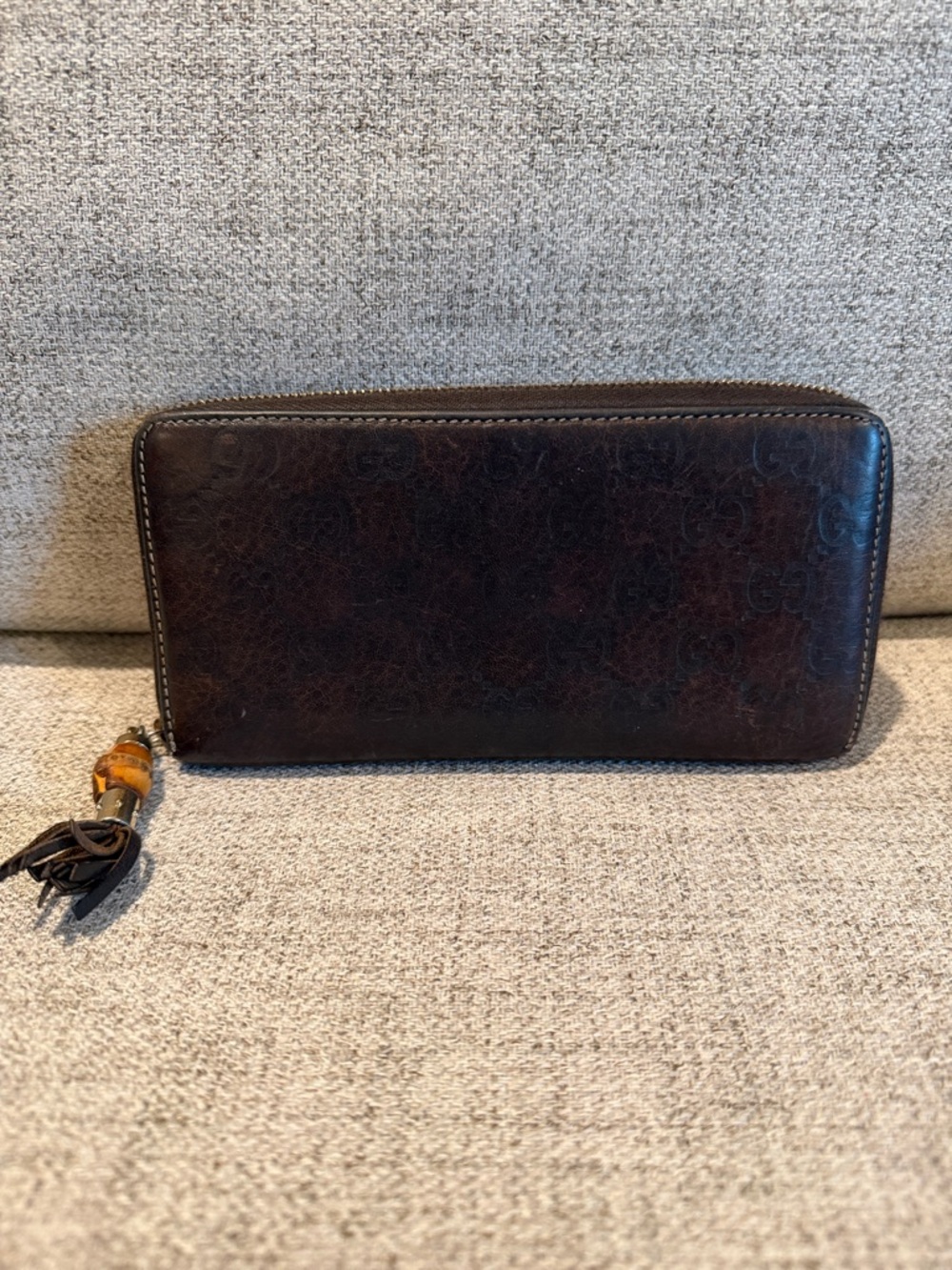 GUCCI Bamboo Tassel Ssima GG Logo Leather Zip Around Long Wallet